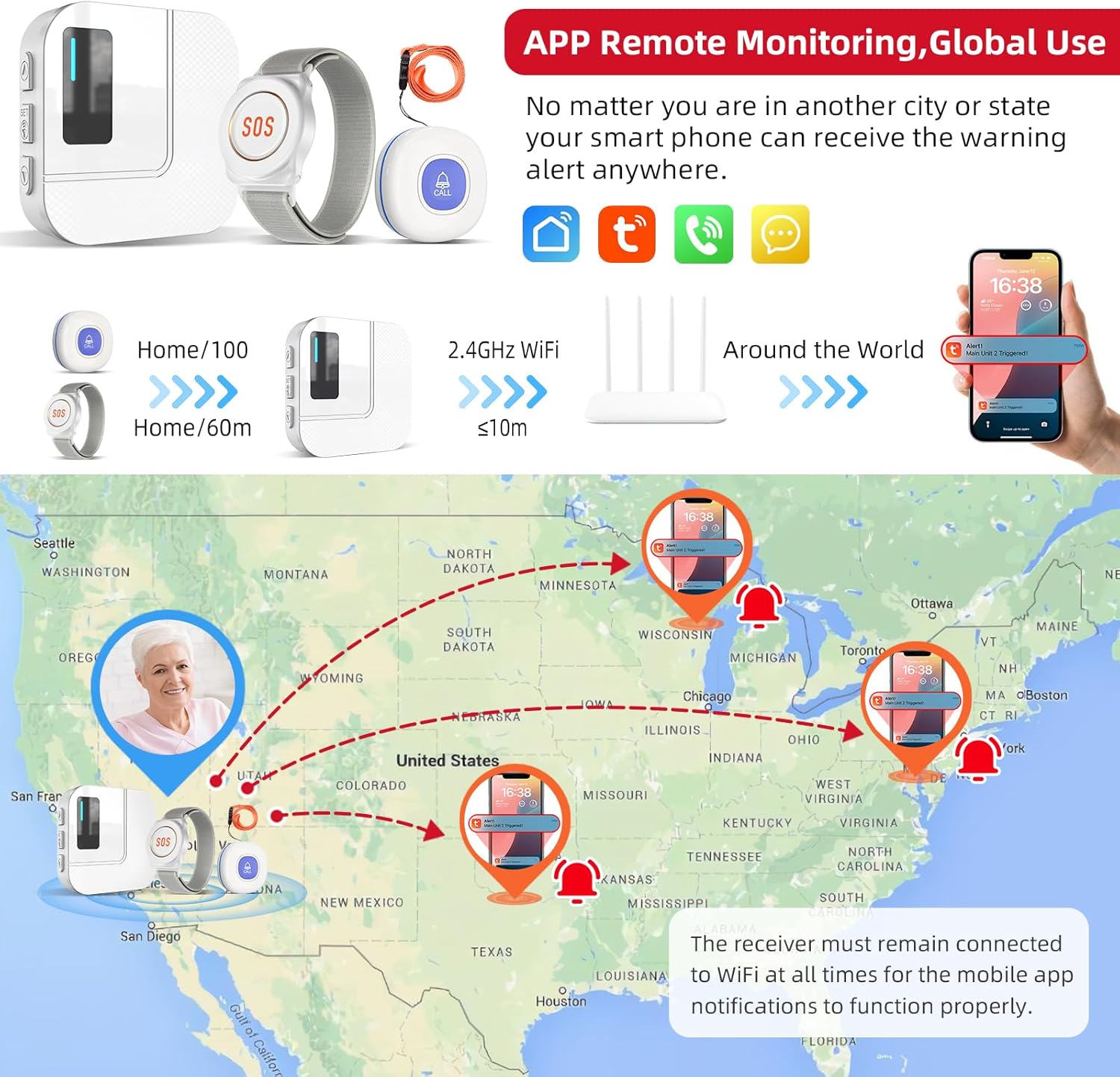 CallTou WiFi Caregiver Pager with App Alerts | Wireless Emergency Call Button System