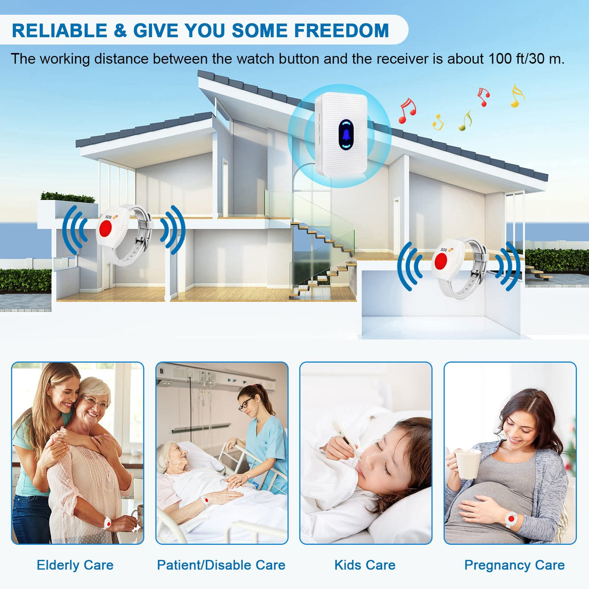Calltou CallTou Wireless Caregiver Pager System One IPX7 Waterproof Watch Butt ...