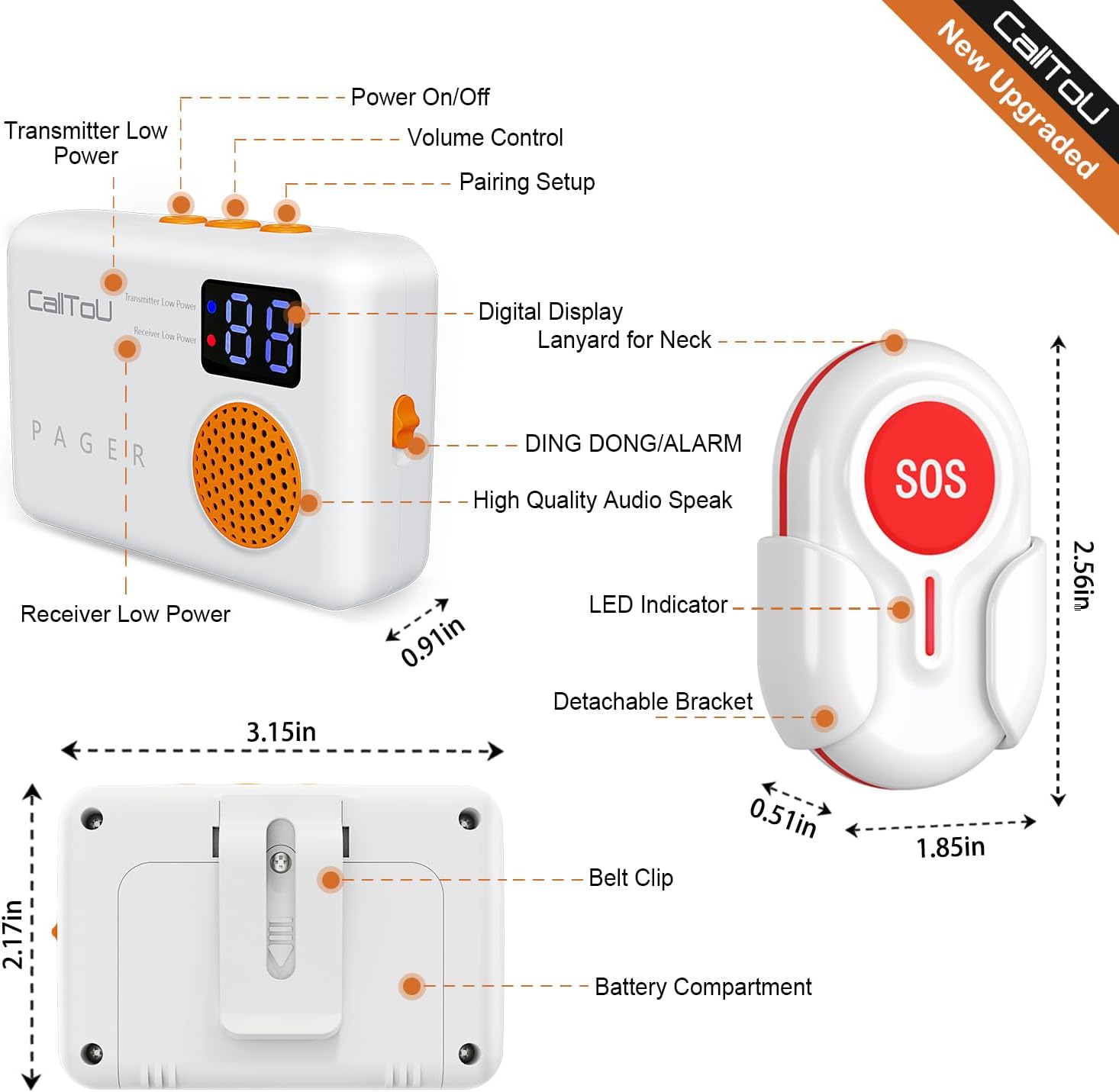 Calltou CallToU Caregiver Pager Wireless Call Button 1000FT for Elderly Monito
