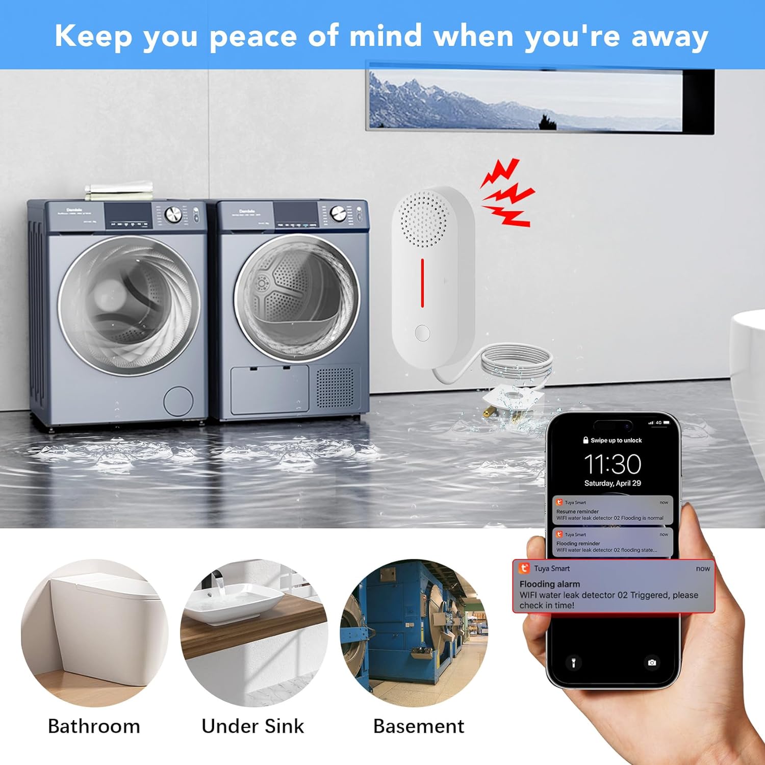 WiFi Water Sensor , Smart Water Leak Detector, Tuya APP Free Remote  Monitoring of Leaks, App Alerts,Remote Notification for Laundry, Basement