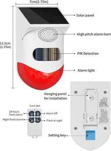 CallToU Solar Strobe Alarm Light with Motion Sensor Siren Outdoor Alarm Siren with Remote Controller 120db Sound Security Siren Light IP67 Waterproof and 4 Mode (1Pack) CallToU